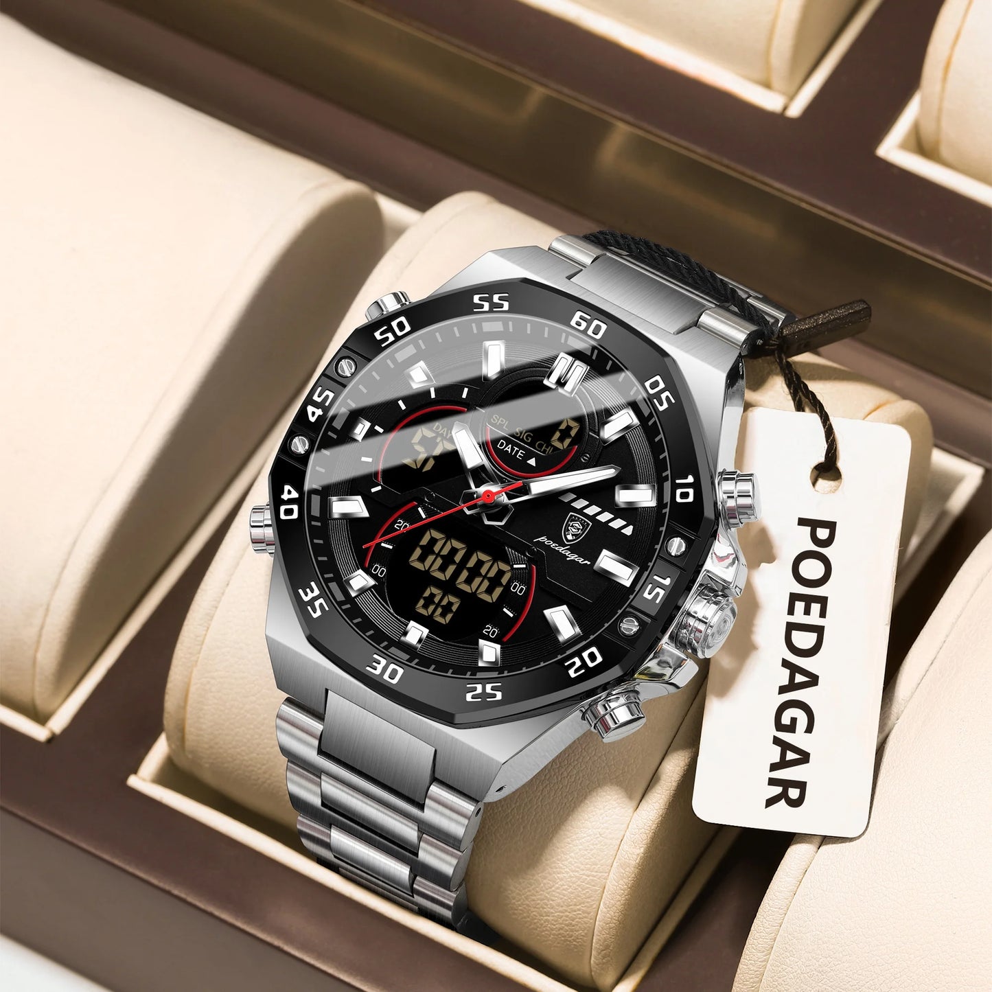 POEDAGAR Original Sports Men Wristwatch Week Date Waterproof LED Quartz Man Watch Stainless Steel Military Digital Men's Watches