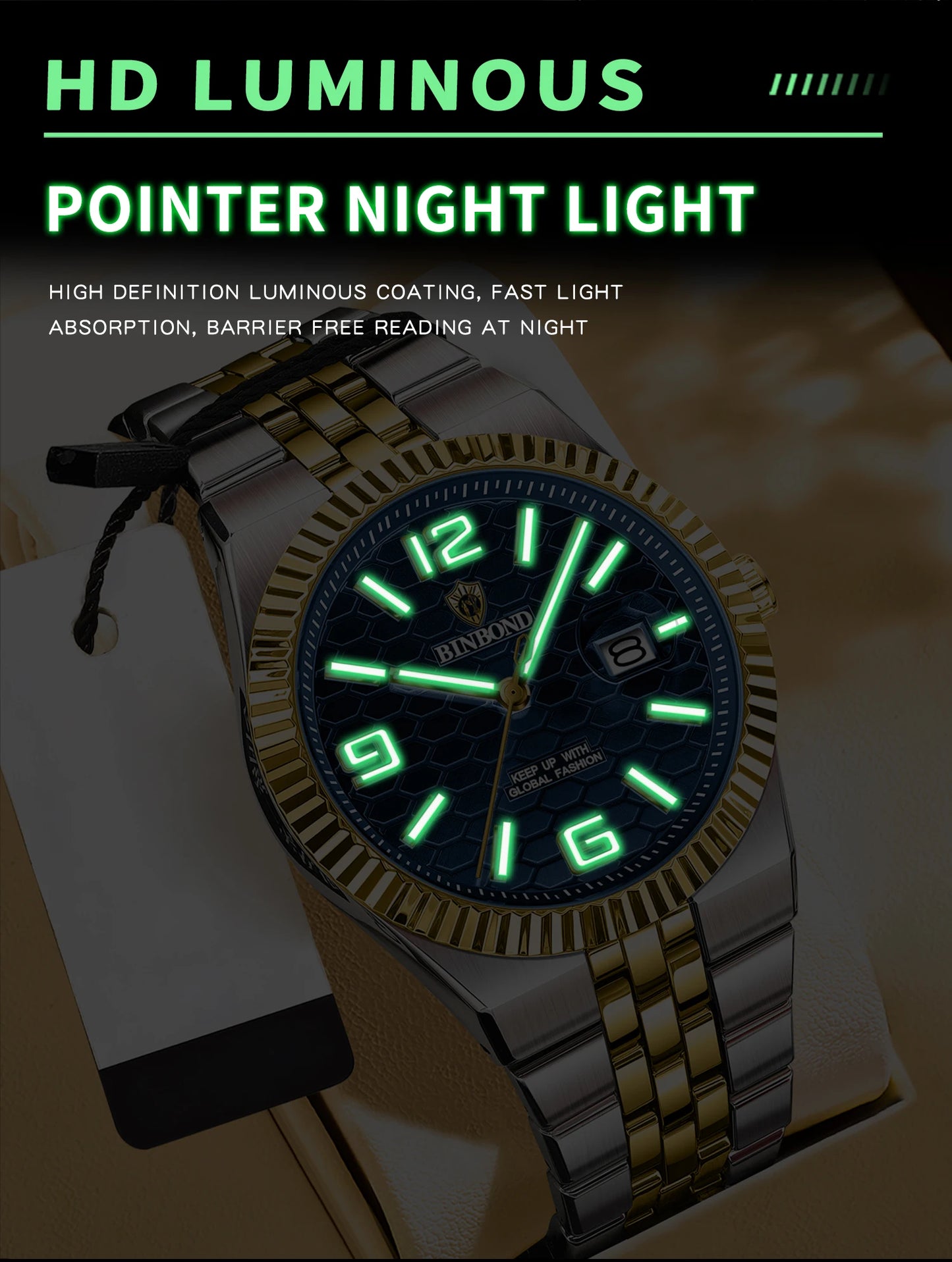 BINBOND Top Brand Luxury Men Quartz Watches Original Watch for Man Waterproof Luminous Date Week Stainless Steel Wristwatch Male
