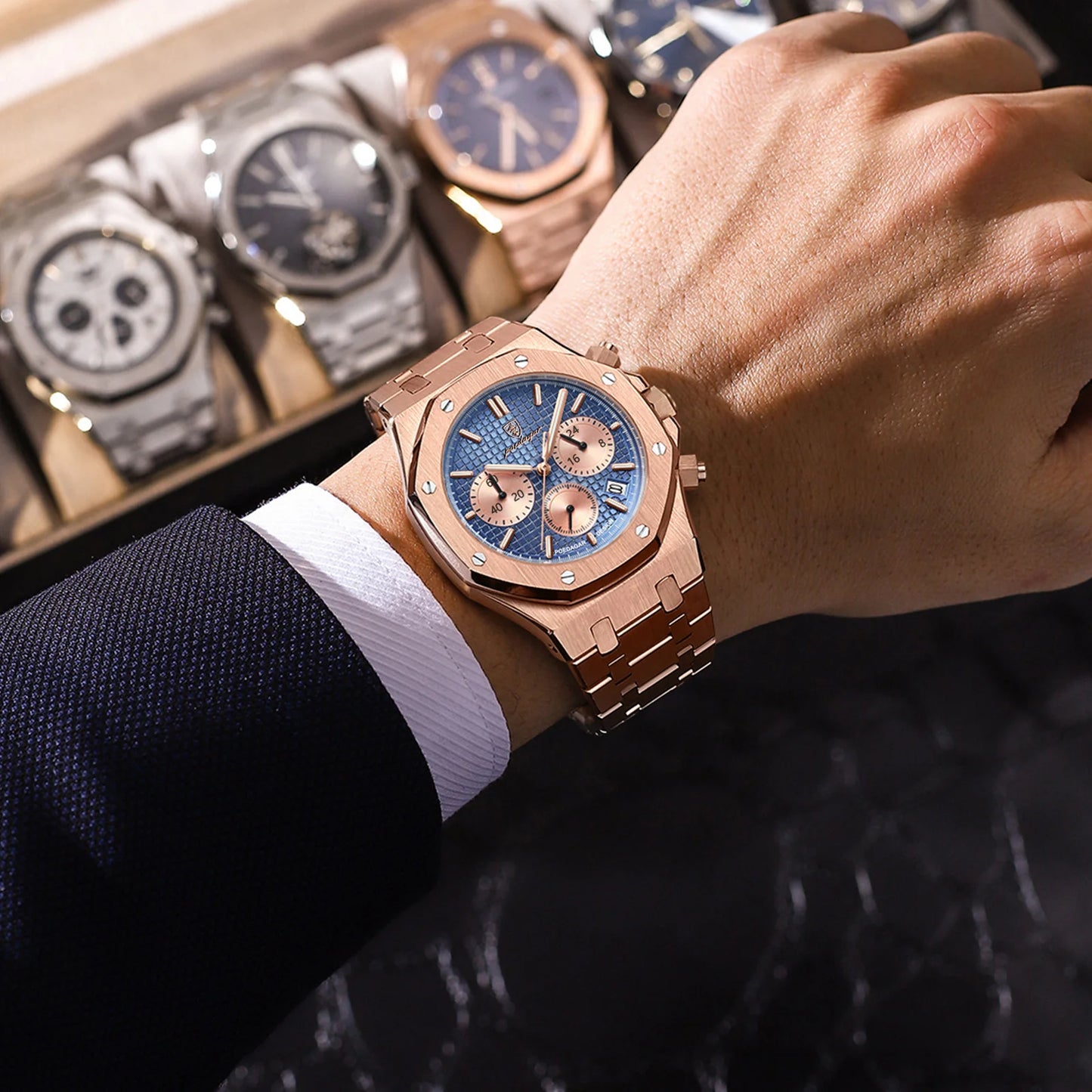 POEDAGAR Original Luxury Men's Watches Date Chronograph Stainless Steel Quartz Watch Waterproof Luminous Fashion Man Wristwatch