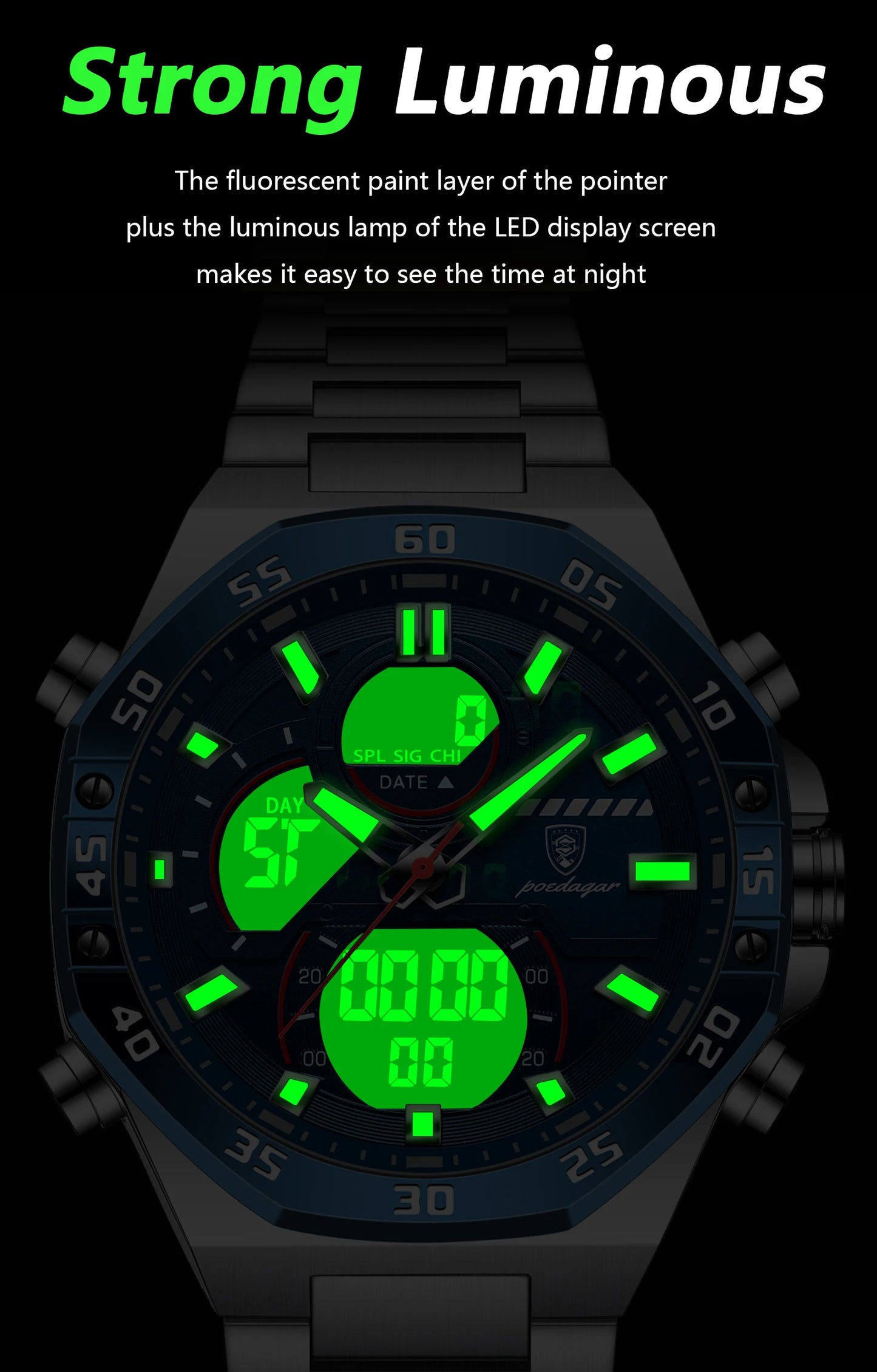 POEDAGAR Original Sports Men Wristwatch Week Date Waterproof LED Quartz Man Watch Stainless Steel Military Digital Men's Watches
