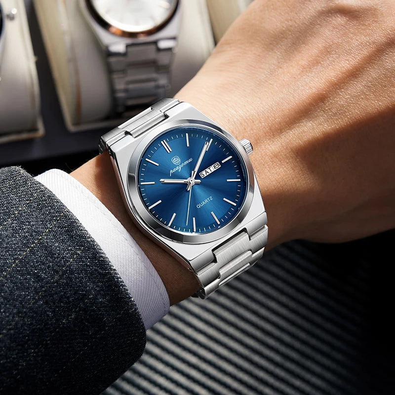 PENGAGAR Luxury Quartz Man Wristwatch Sport Men Watches Waterproof Luminous Date Week Stainless Steel Men's Watch Male Reloj+box