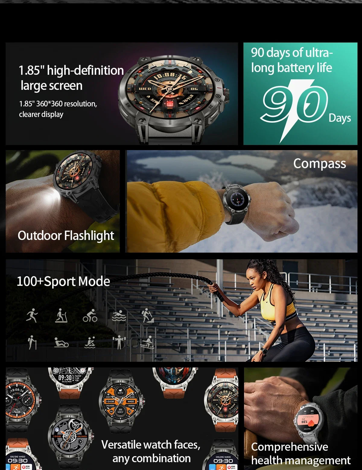 Xiaomi 760mAh Large Battery Outdoor Smart Watch Men 1.85 inch HD Screen GPS Compass Bluetooth Call IP68 Waterproof Smartwatch