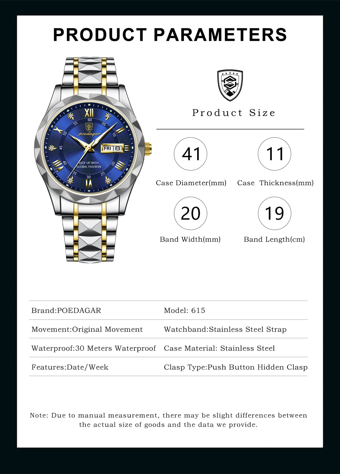 POEDAGAR Top Brand Luxury Men's Watches Waterproof Luminous Calendar Week Watch For Man Casual Stainless Steel Quartz Men Watch