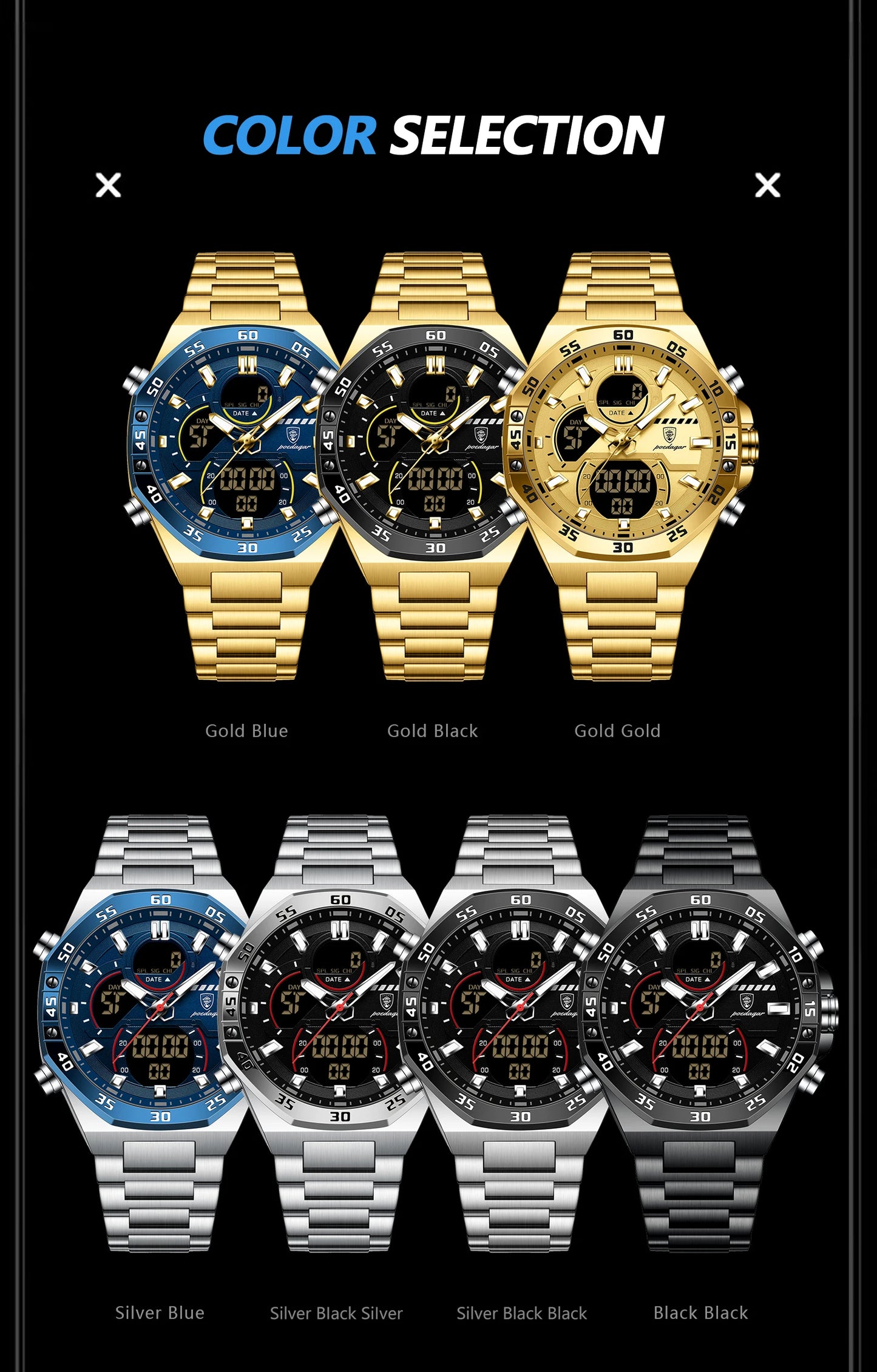 POEDAGAR Original Sports Men Wristwatch Week Date Waterproof LED Quartz Man Watch Stainless Steel Military Digital Men's Watches