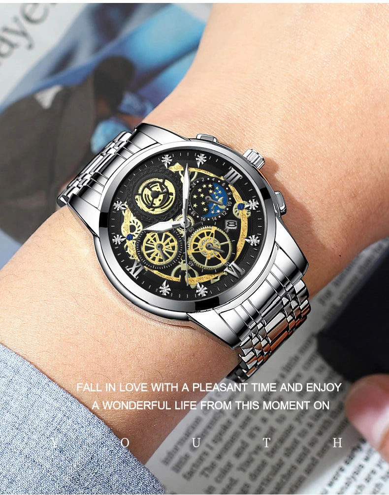 BINBOND B4010 Fashion Casual Quartz Men Watch Stainless Steel Strap Luxury Dial Luminous 30M Waterproof Business Men Wristwatch