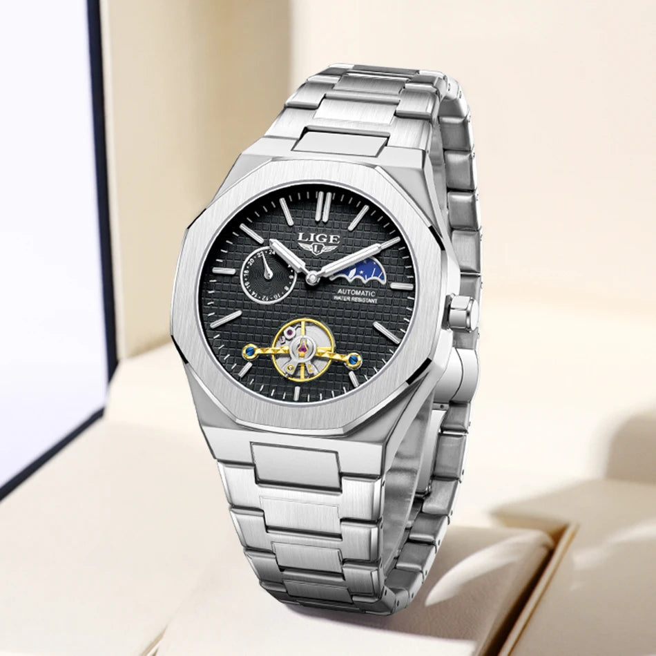 LIGE 2025 New Mechanical Watches Men Fashion Luxury Automatic Mens Watch Waterproof Luminous Tourbillon Wristwatch Reloj Hombre