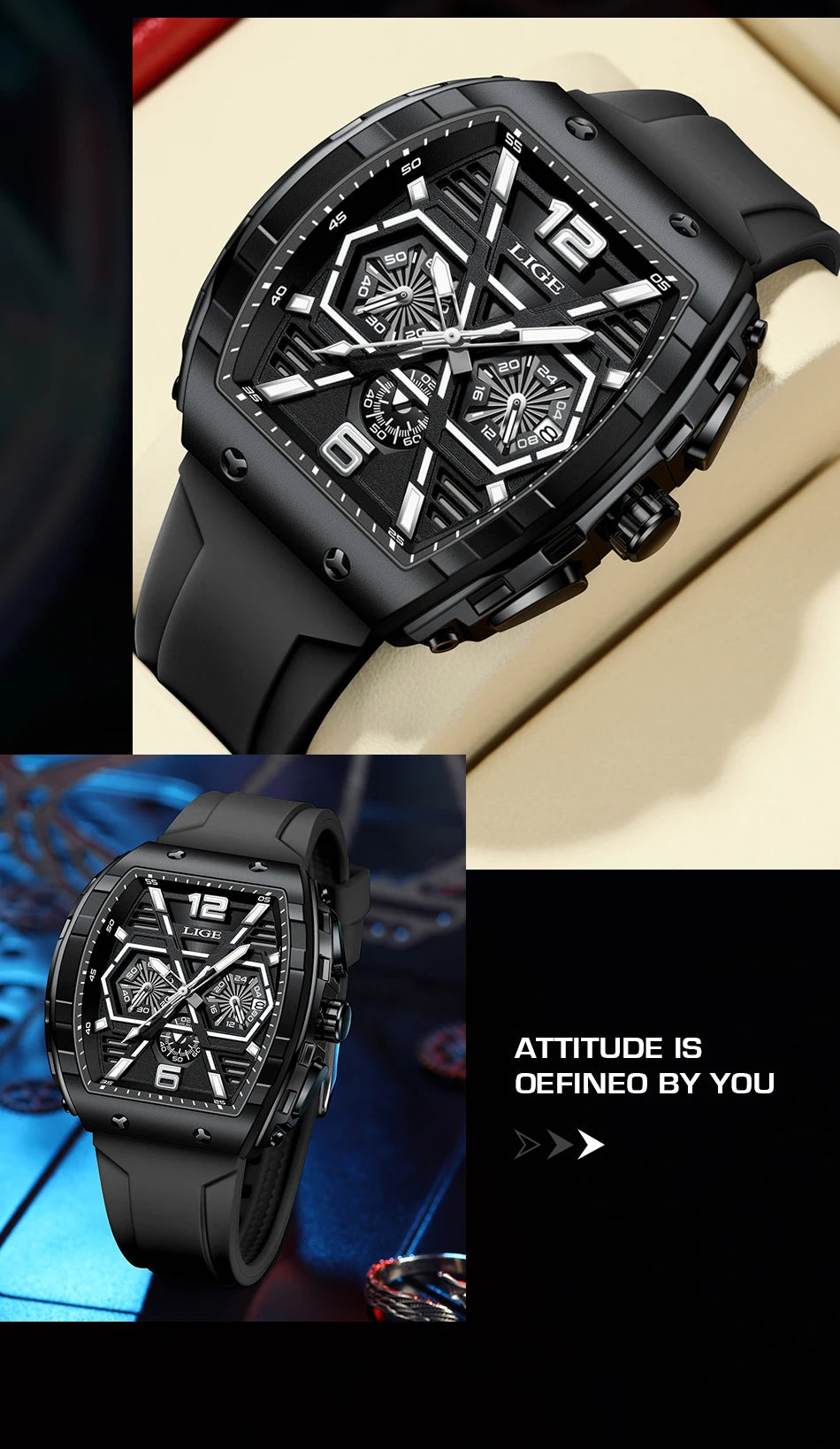 LIGE Men Watch Fashion Luxury Waterproof Quartz Wristwatch Luminous Casual Sports Silicone Strap Clock Auto Date Man Watches+Box
