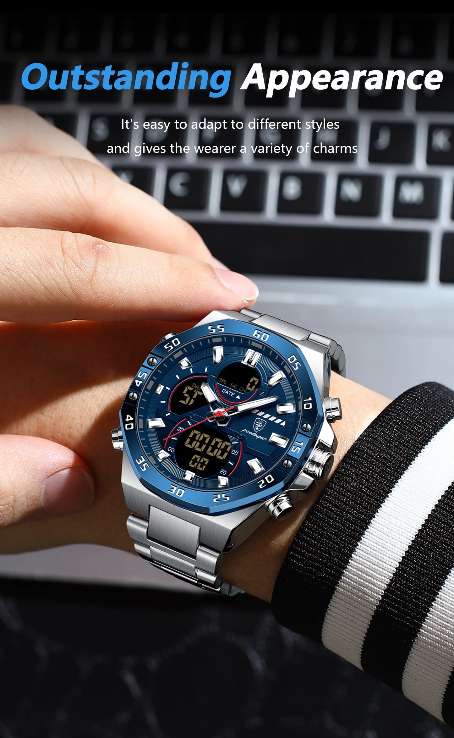 POEDAGAR Original Sports Men Wristwatch Week Date Waterproof LED Quartz Man Watch Stainless Steel Military Digital Men's Watches