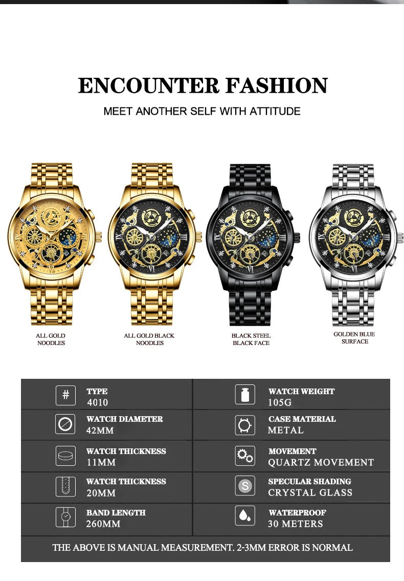 BINBOND B4010 Fashion Casual Quartz Men Watch Stainless Steel Strap Luxury Dial Luminous 30M Waterproof Business Men Wristwatch