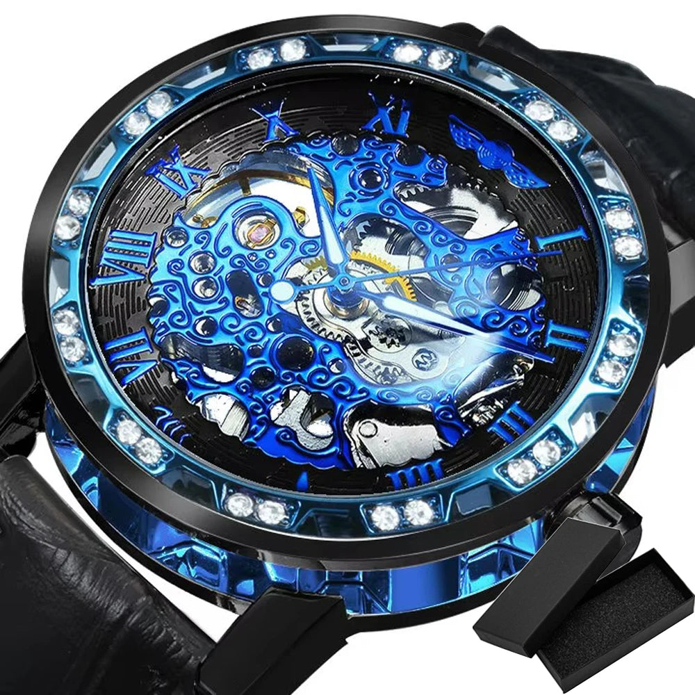 Fashion Top Brand Winner Mechanical Watch For Women Luxury Watches Diamond Skeleton Dial Leather Strap Unisex Size Wristwatches