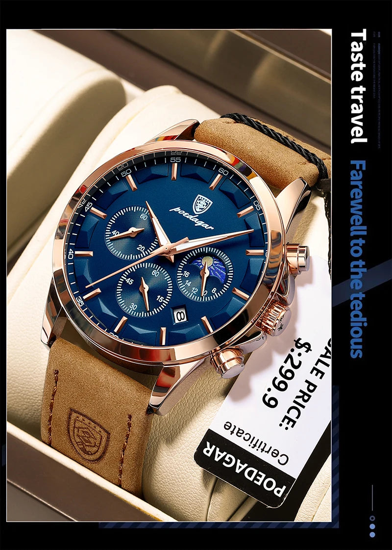 POEDAGAR Genuine Leather Men's Watch Fashion Luminous Calendar Stopwatch Male Clock Waterproof Moon Phase Quartz Wristwatch Man