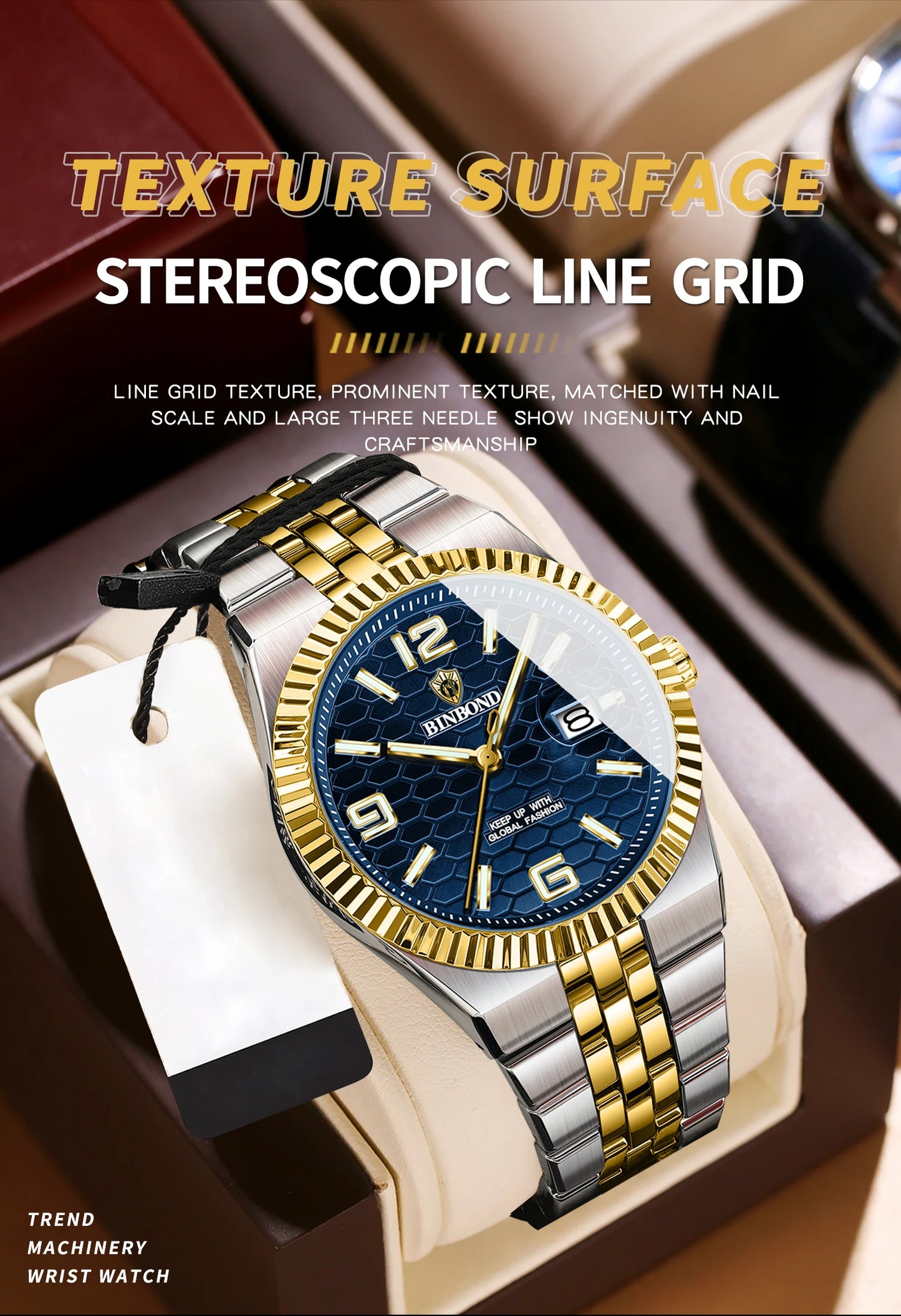 BINBOND Top Brand Luxury Men Quartz Watches Original Watch for Man Waterproof Luminous Date Week Stainless Steel Wristwatch Male