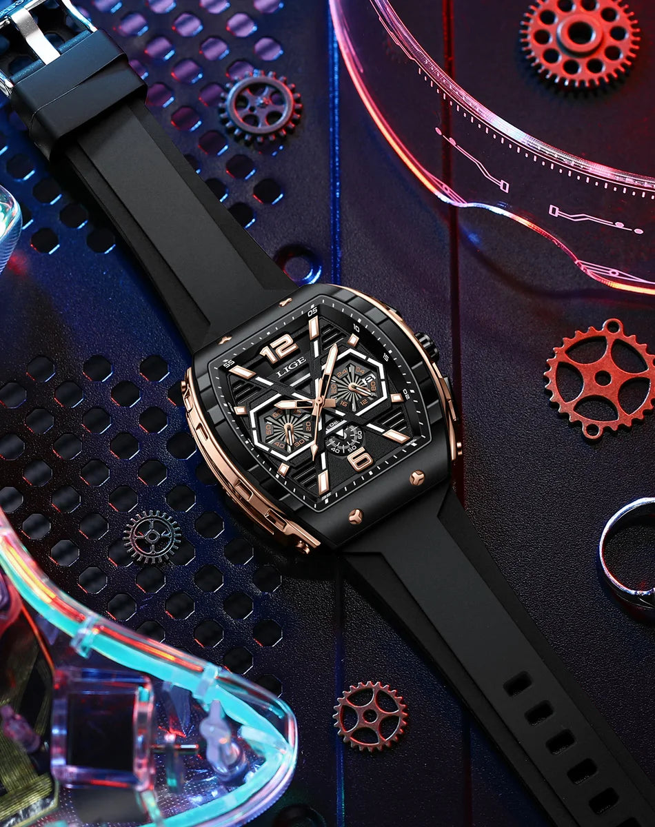LIGE Men Watch Fashion Luxury Waterproof Quartz Wristwatch Luminous Casual Sports Silicone Strap Clock Auto Date Man Watches+Box