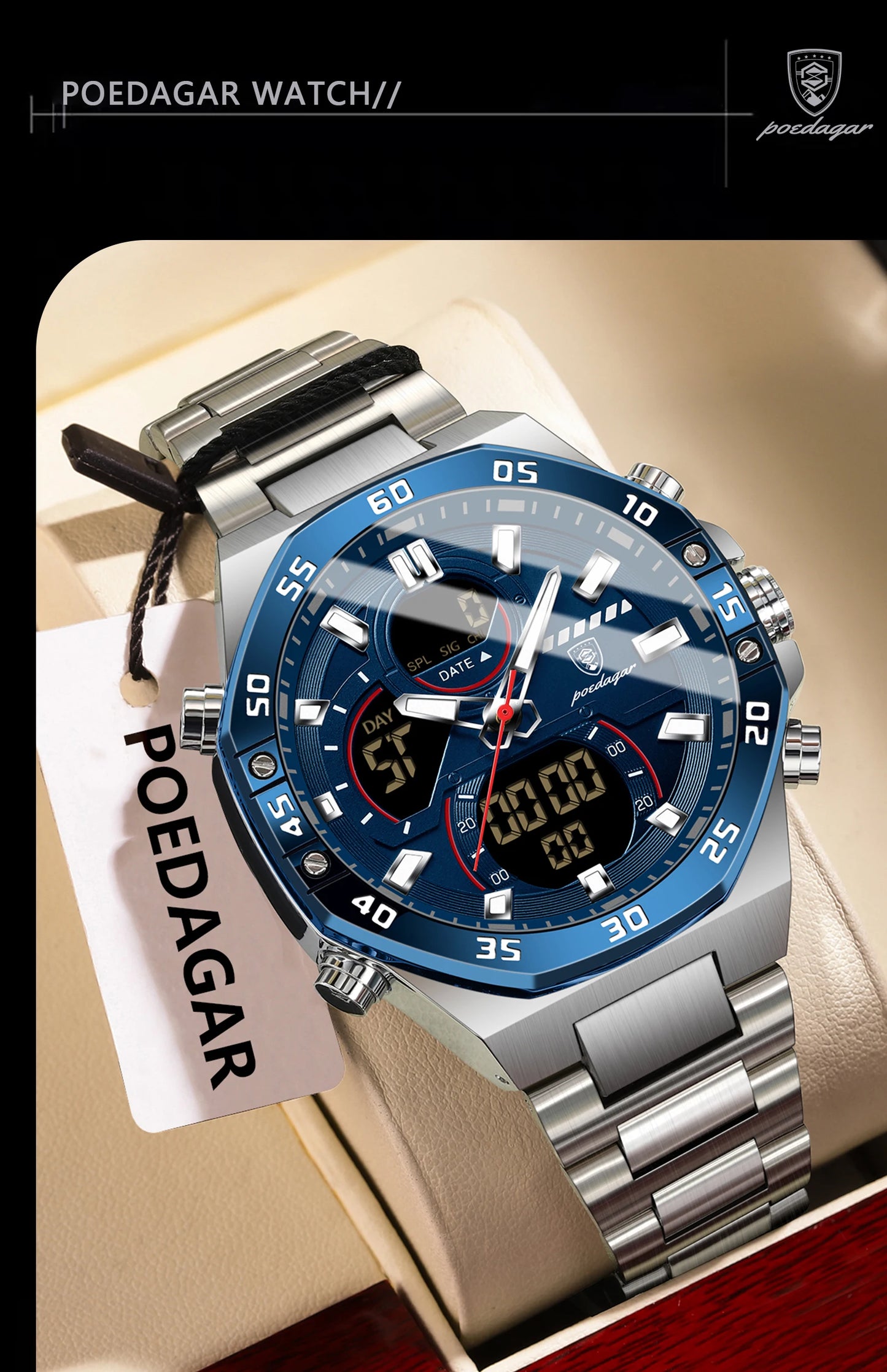 POEDAGAR Original Sports Men Wristwatch Week Date Waterproof LED Quartz Man Watch Stainless Steel Military Digital Men's Watches