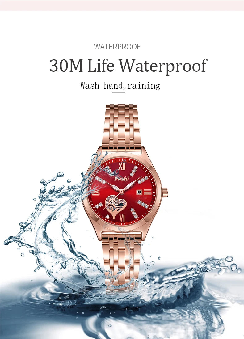 POSHI Women Watches Fashion Stainless Steel Date Ladies Wristwatch Waterproof Quarzt Watch Girlfriend Gift Relogio Feminino