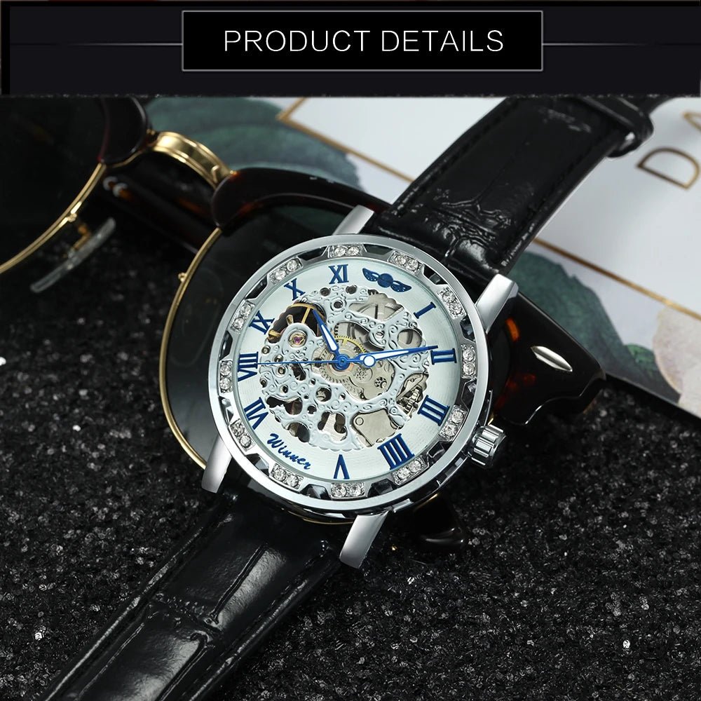 Fashion Top Brand Winner Mechanical Watch For Women Luxury Watches Diamond Skeleton Dial Leather Strap Unisex Size Wristwatches