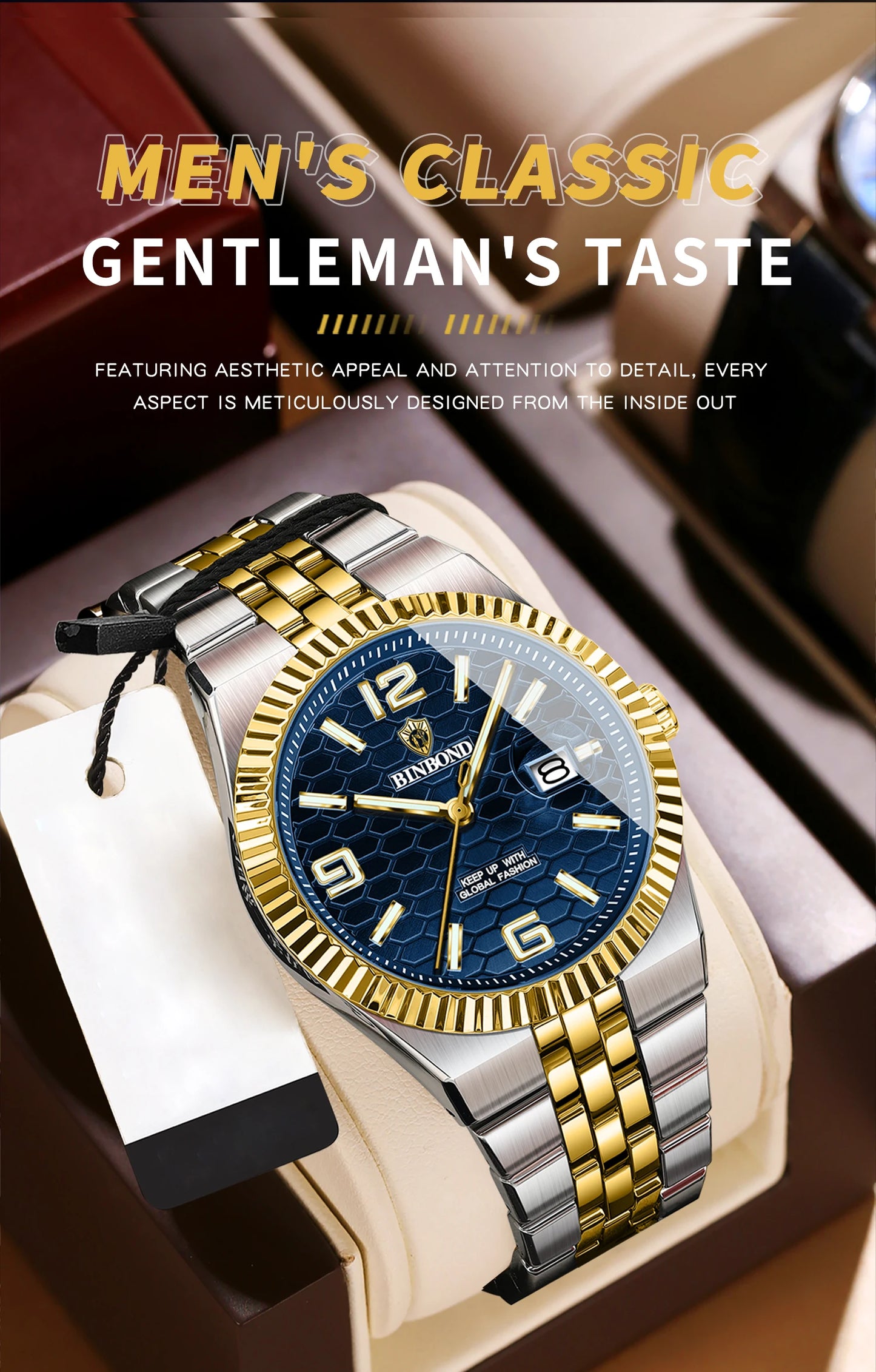 BINBOND Top Brand Luxury Men Quartz Watches Original Watch for Man Waterproof Luminous Date Week Stainless Steel Wristwatch Male