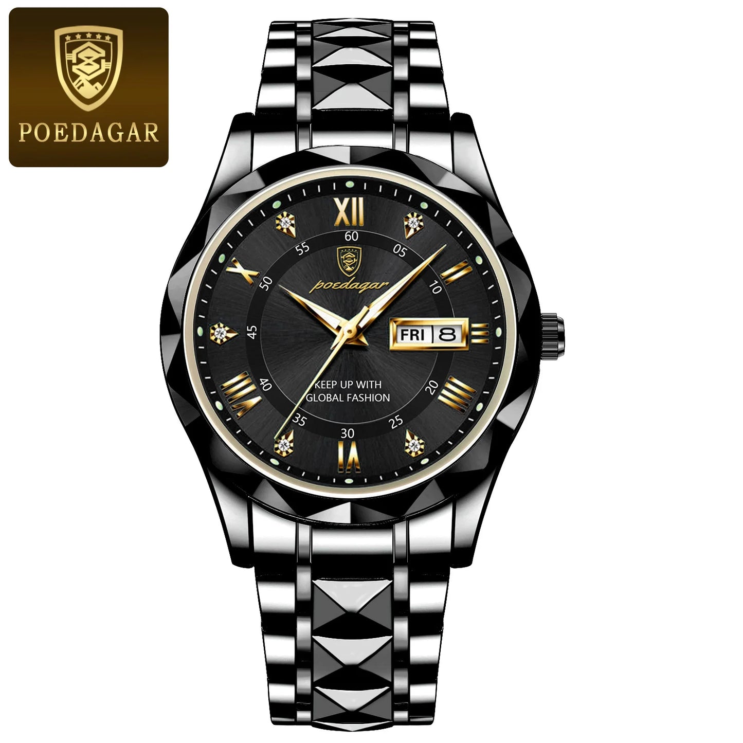 POEDAGAR Top Brand Luxury Men's Watches Waterproof Luminous Calendar Week Watch For Man Casual Stainless Steel Quartz Men Watch