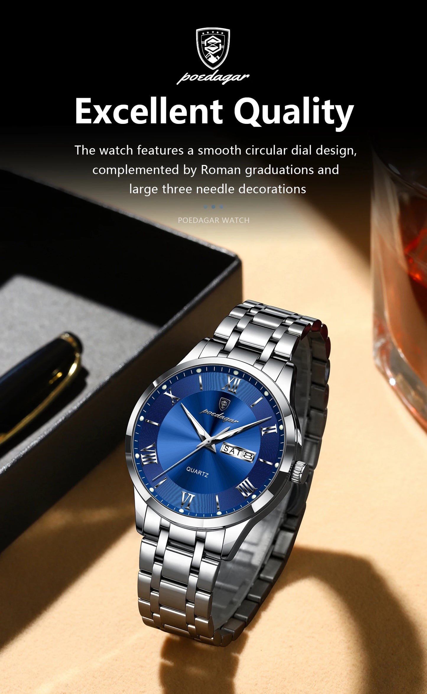 POEDAGAR Luxury Casual Watch For Man Date Week Waterproof Luminous Stainless Steel Men Watch Sport Quartz Men's Watches Male+Box