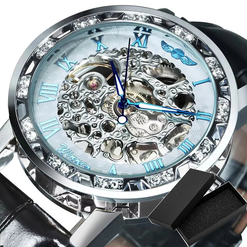 Fashion Top Brand Winner Mechanical Watch For Women Luxury Watches Diamond Skeleton Dial Leather Strap Unisex Size Wristwatches