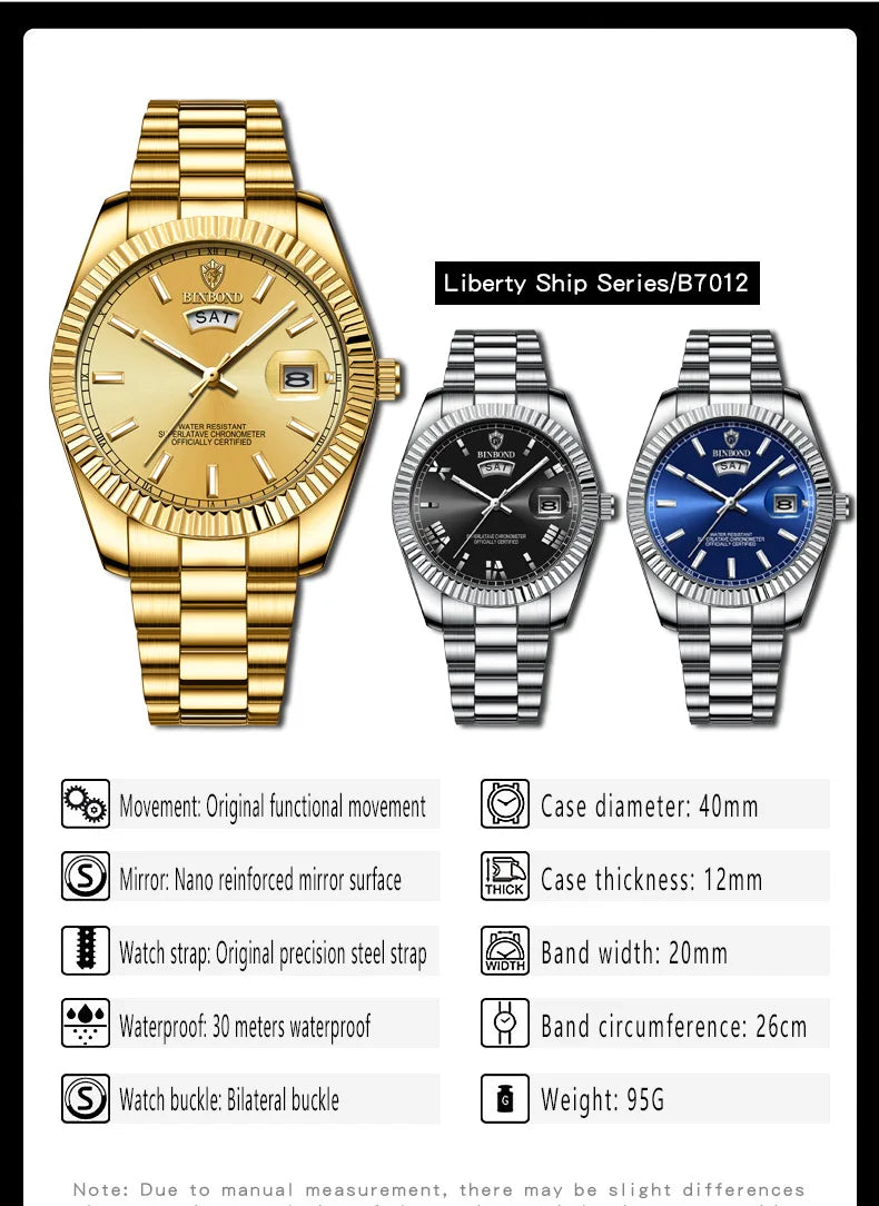BINBOND Mens Quartz Watch Top Brand Sports Quartz Mens Watches Stainless Steel Waterproof Date Week Wristwatch Men Relogio