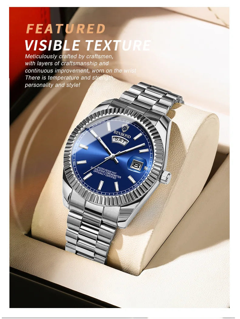 BINBOND Mens Quartz Watch Top Brand Sports Quartz Mens Watches Stainless Steel Waterproof Date Week Wristwatch Men Relogio