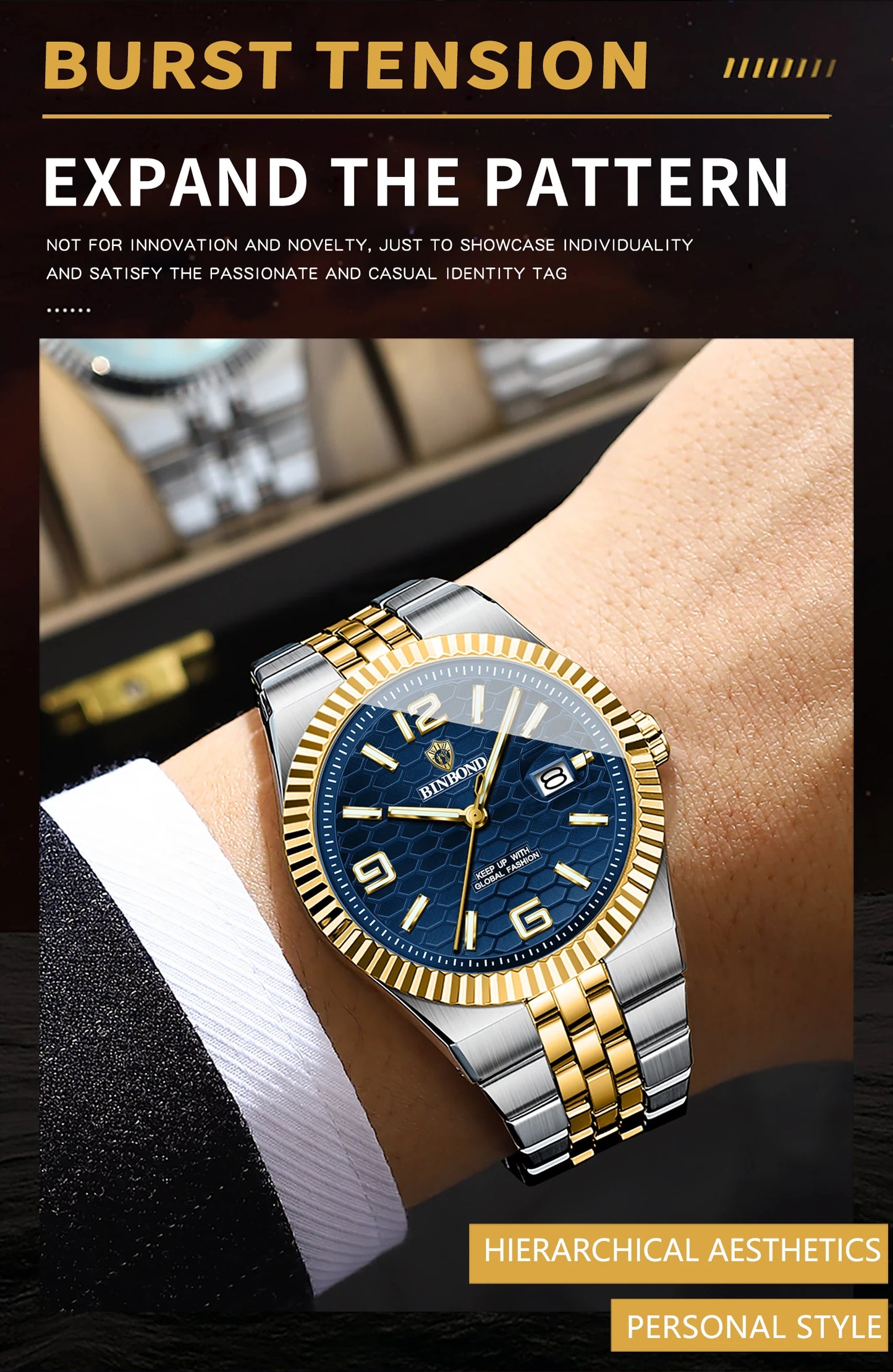 BINBOND Top Brand Luxury Men Quartz Watches Original Watch for Man Waterproof Luminous Date Week Stainless Steel Wristwatch Male