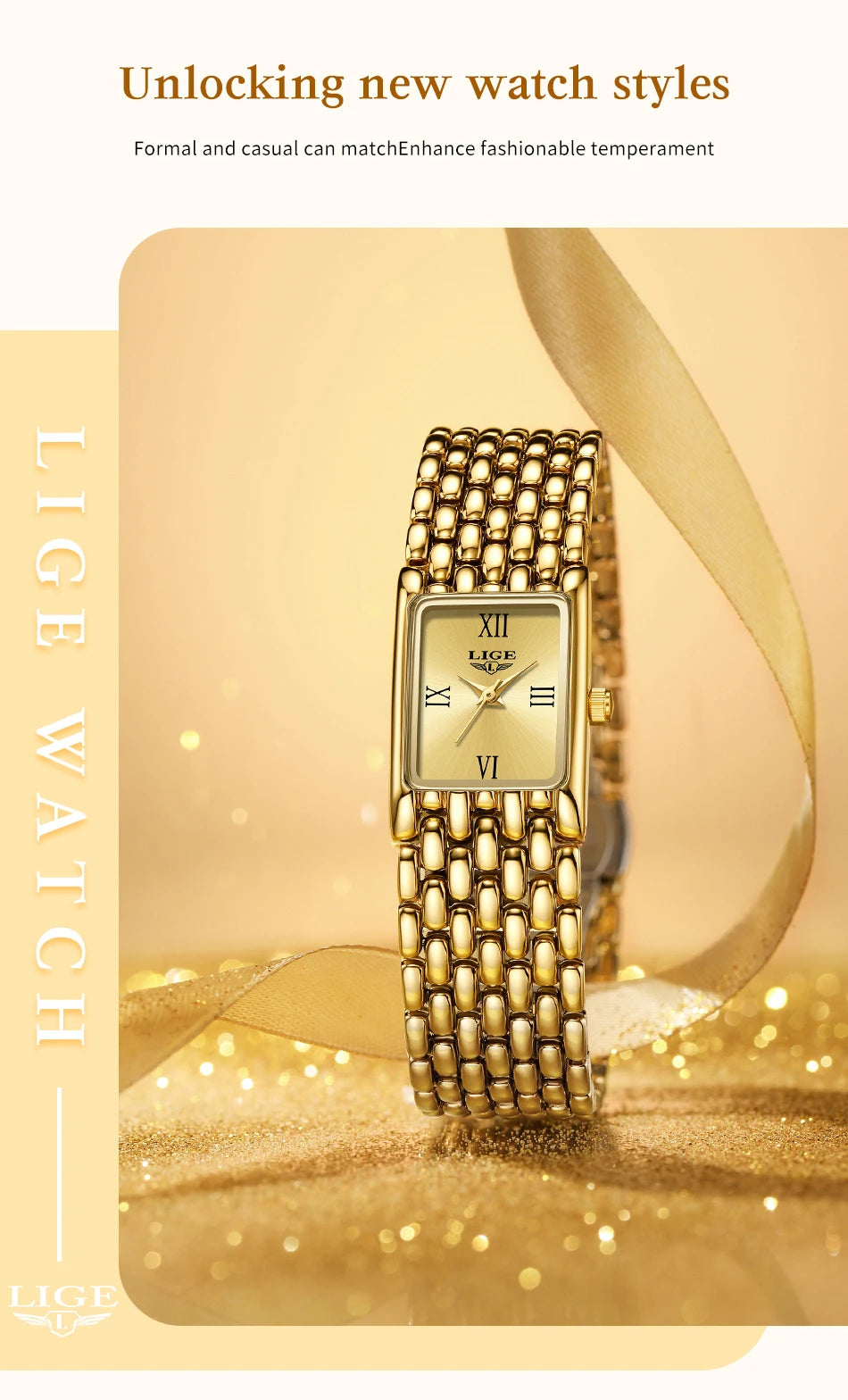 LIGE 2025 New Gold Women's Watch Luxury Quartz Watch Stainless Steel Bracelet Retro Fashion 30M Waterproof Watch for Women reloj
