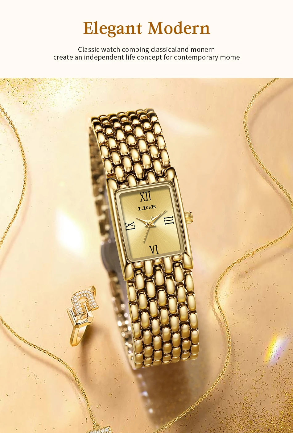 LIGE 2025 New Gold Women's Watch Luxury Quartz Watch Stainless Steel Bracelet Retro Fashion 30M Waterproof Watch for Women reloj