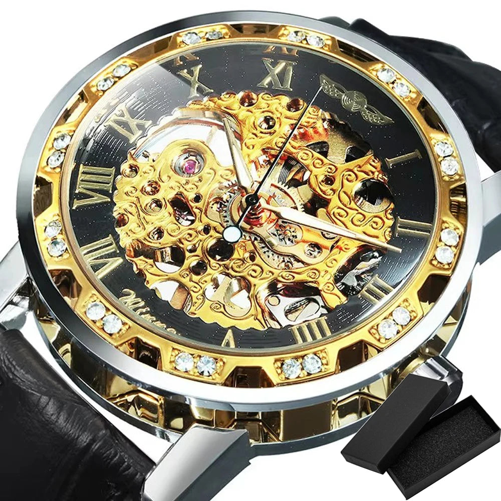 Fashion Top Brand Winner Mechanical Watch For Women Luxury Watches Diamond Skeleton Dial Leather Strap Unisex Size Wristwatches