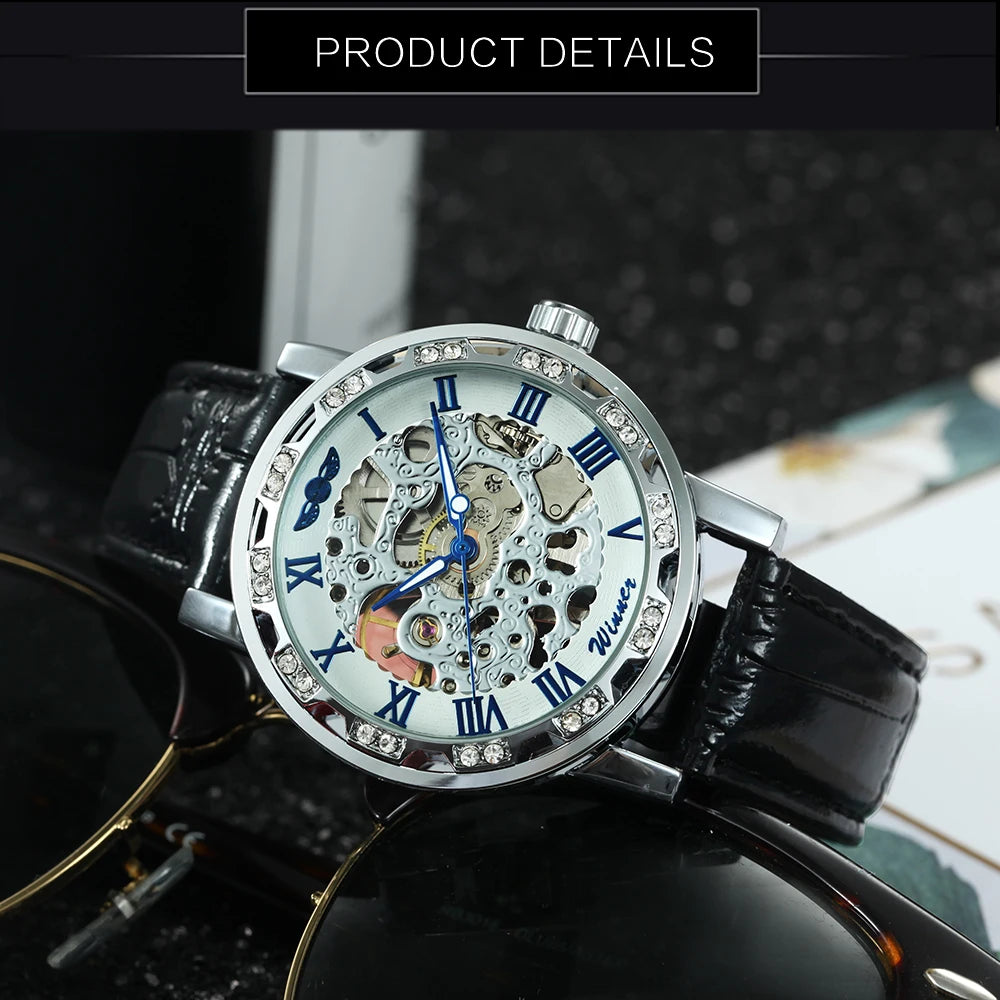 Fashion Top Brand Winner Mechanical Watch For Women Luxury Watches Diamond Skeleton Dial Leather Strap Unisex Size Wristwatches