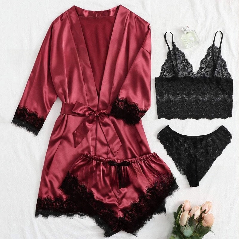 4-piece set of lace satin strappy pajamas