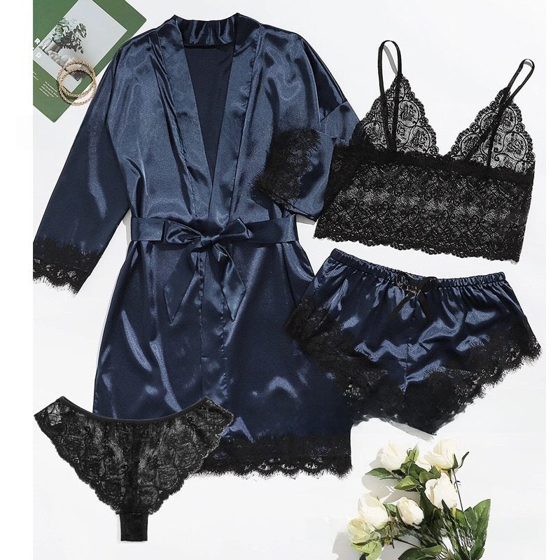 4-piece set of lace satin strappy pajamas