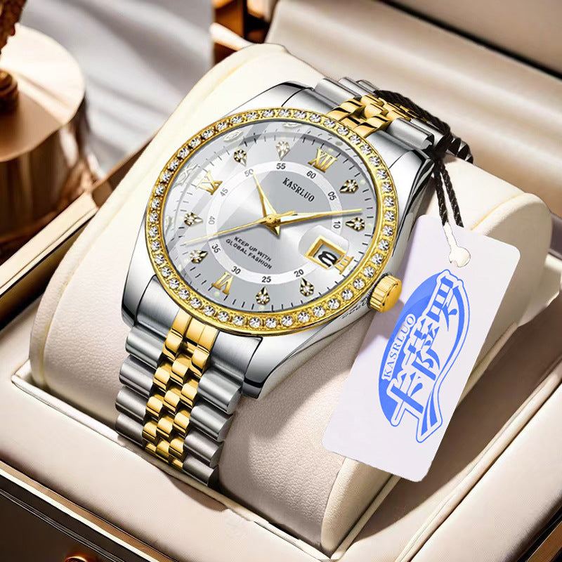 Roman Numerals Diamond Calendar Steel Band Watch