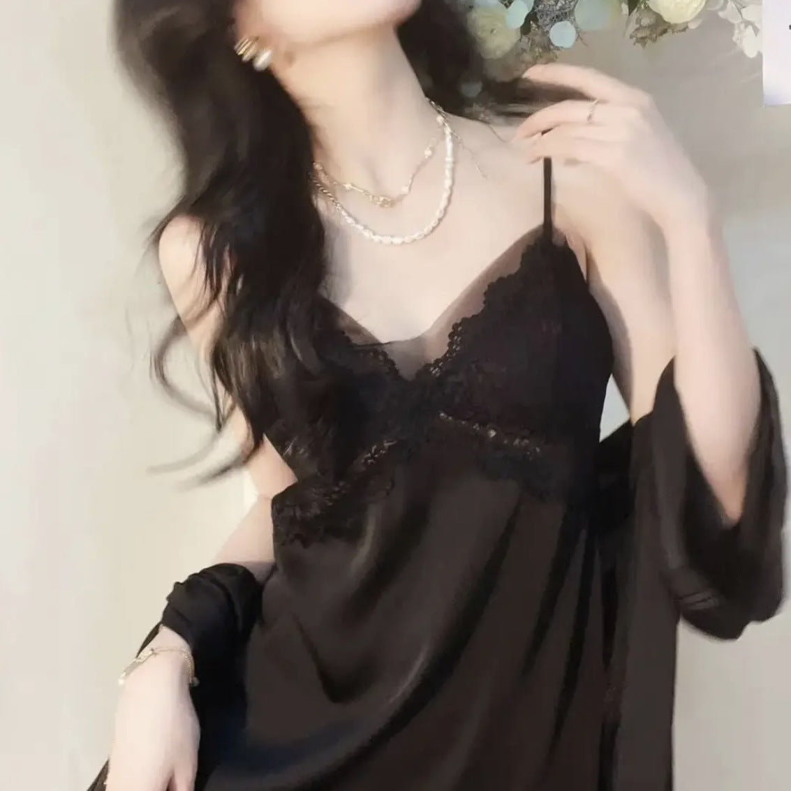 Lace mesh ice silk halter pajamas