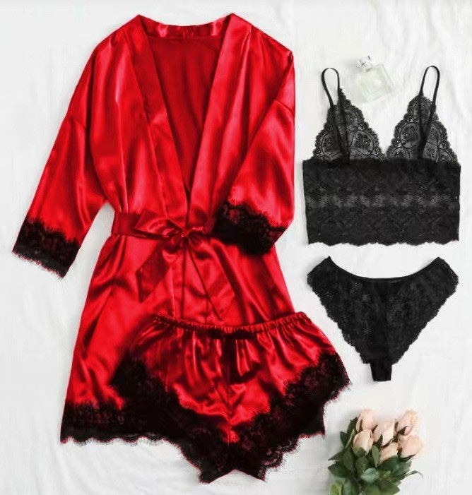 4-piece set of lace satin strappy pajamas