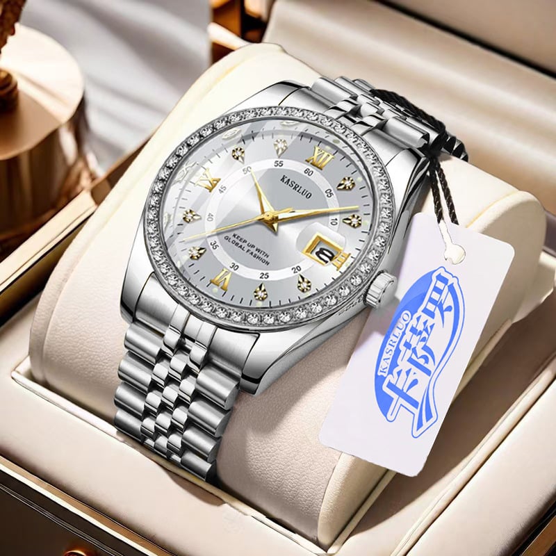 Roman Numerals Diamond Calendar Steel Band Watch