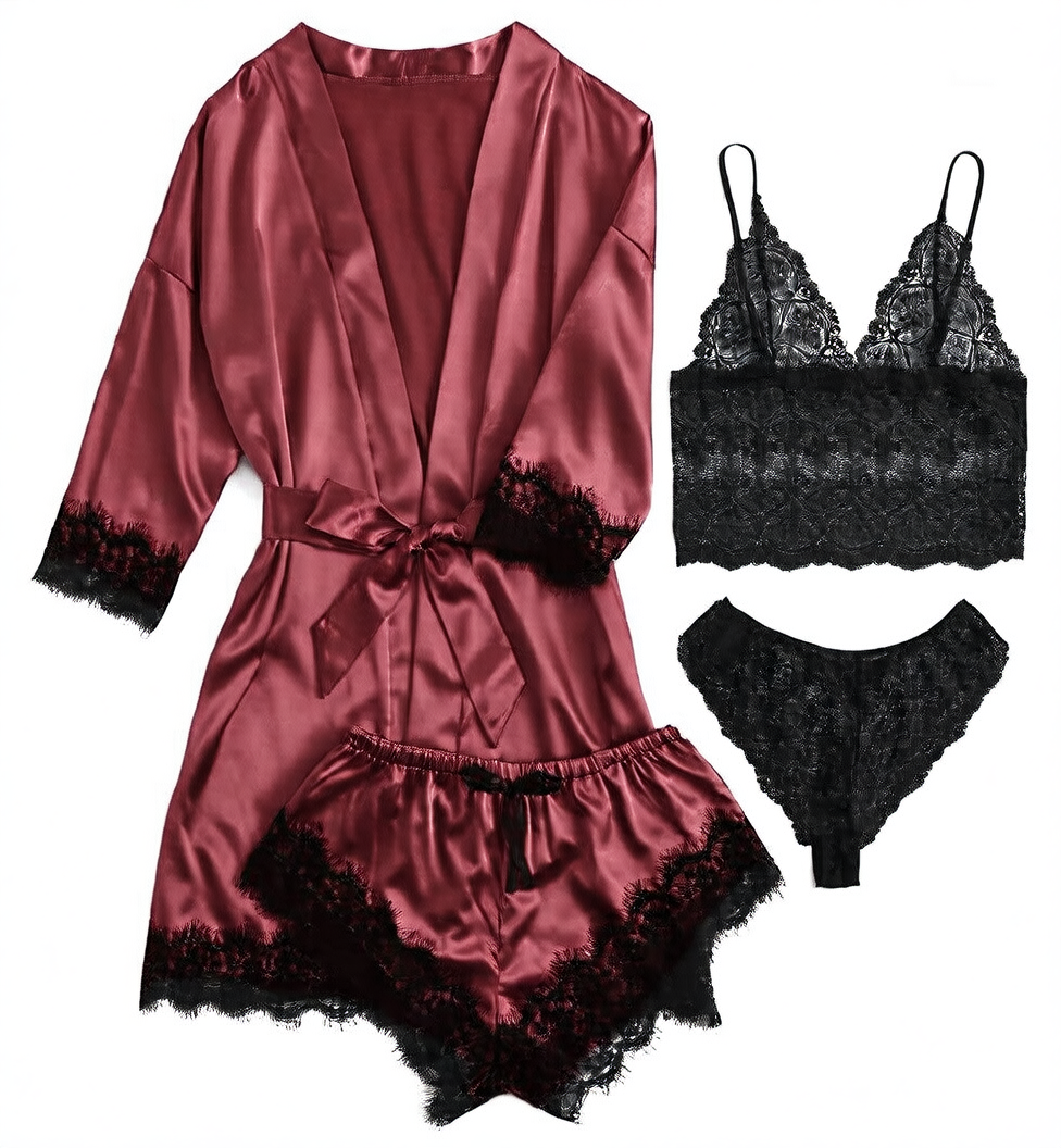 4-piece set of lace satin strappy pajamas