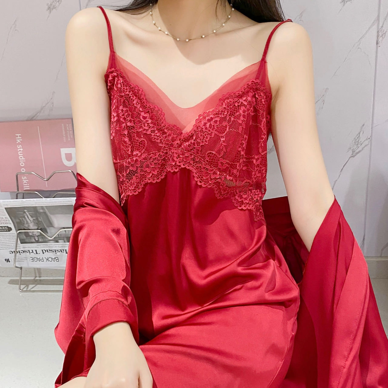 Lace mesh ice silk halter pajamas