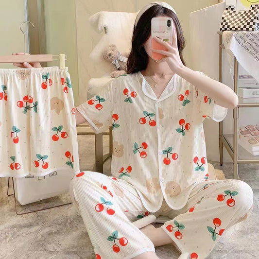 Short-sleeved pajama women's three-piece set