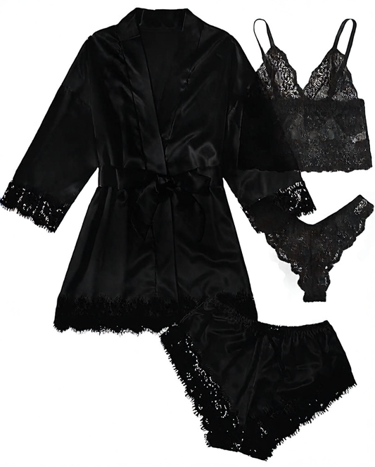 4-piece set of lace satin strappy pajamas
