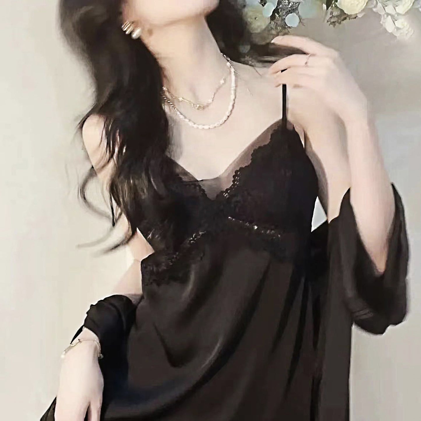 Lace mesh ice silk halter pajamas