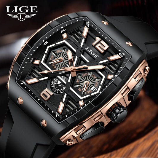 LIGE Men Watch Fashion Luxury Waterproof Quartz Wristwatch Luminous Casual Sports Silicone Strap Clock Auto Date Man Watches+Box