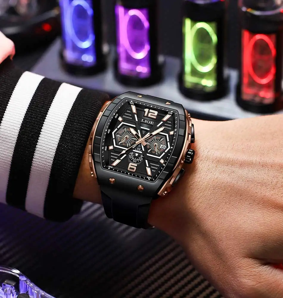 LIGE Men Watch Fashion Luxury Waterproof Quartz Wristwatch Luminous Casual Sports Silicone Strap Clock Auto Date Man Watches+Box