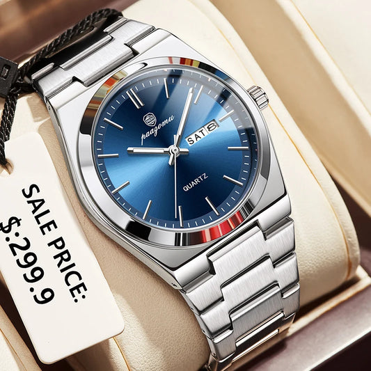 PENGAGAR Luxury Quartz Man Wristwatch Sport Men Watches Waterproof Luminous Date Week Stainless Steel Men's Watch Male Reloj+box