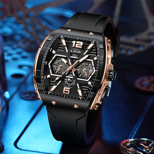 LIGE Men Watch Fashion Luxury Waterproof Quartz Wristwatch Luminous Casual Sports Silicone Strap Clock Auto Date Man Watches+Box