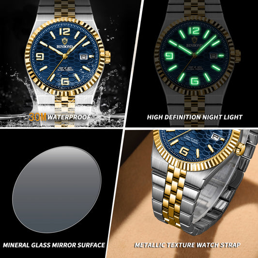 BINBOND Top Brand Luxury Men Quartz Watches Original Watch for Man Waterproof Luminous Date Week Stainless Steel Wristwatch Male