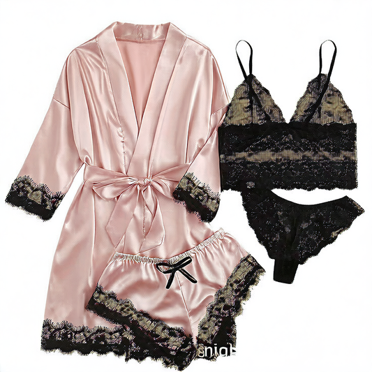 4-piece set of lace satin strappy pajamas