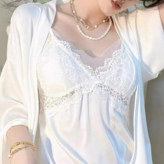 Lace mesh ice silk halter pajamas