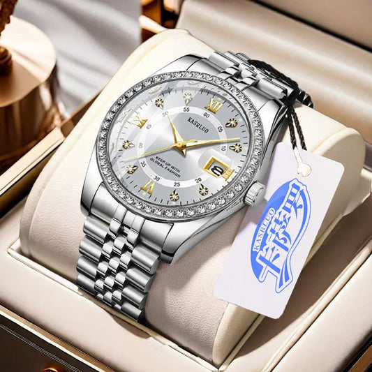 Roman Numerals Diamond Calendar Steel Band Watch